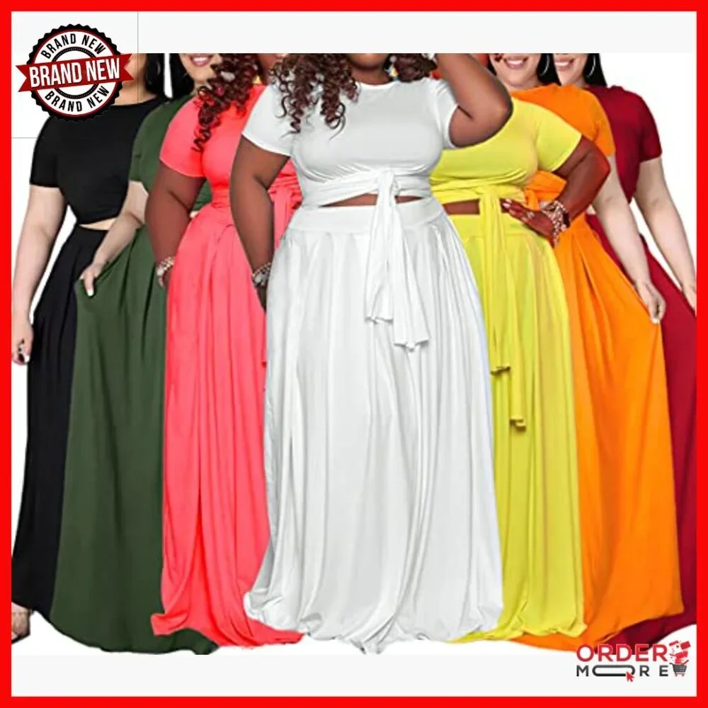 Plus Size 2 Piece Dress Set Polyester Crop Top Maxi Skirt Boho - Picture 2 of 6